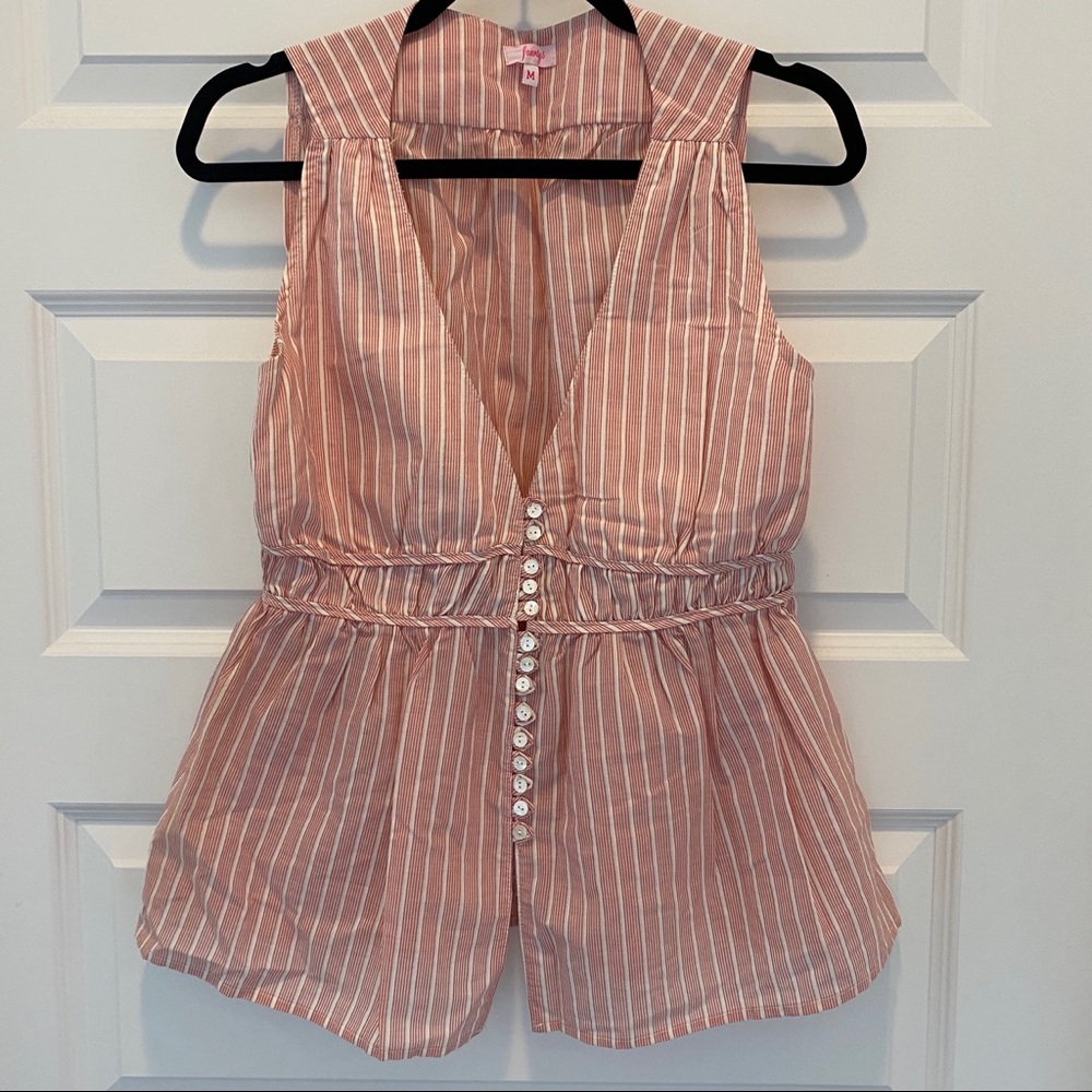 Red and Cream Stripe Top - Button Detail